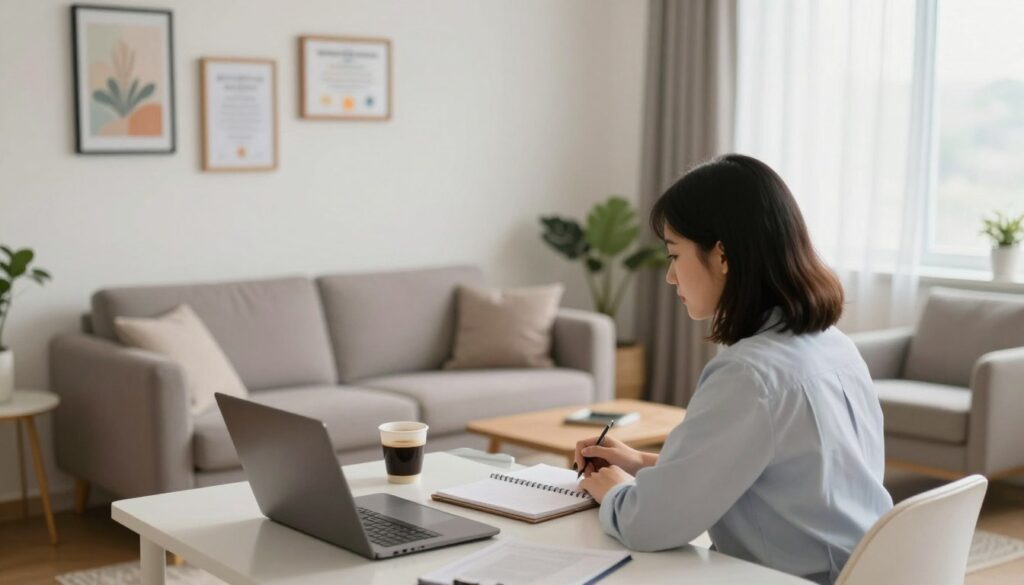 A professional psychotherapist's workspace, focused on their duties and responsibilities. In the foreground, a neatly arranged desk with a notebook, a laptop, and a cup of coffee. To the side, a comfortable chair facing an inviting sofa, symbolizing a client-therapist setting. In the middle, a wall adorned with framed certificates and calming art pieces, enhancing the atmosphere of professionalism and support. The background features soft, natural light filtering through a window with sheer curtains, creating a warm and welcoming environment. Use a slightly elevated angle to emphasize the depth of the room. The mood is serene and introspective, capturing the essence of a psychotherapist's job in a visual representation. A professional psychotherapist's workspace, focused on their duties and responsibilities. In the foreground, a neatly arranged desk with a notebook, a laptop, and a cup of coffee. To the side, a comfortable chair facing an inviting sofa, symbolizing a client-therapist setting. In the middle, a wall adorned with framed certificates and calming art pieces, enhancing the atmosphere of professionalism and support. The background features soft, natural light filtering through a window with sheer curtains, creating a warm and welcoming environment. Use a slightly elevated angle to emphasize the depth of the room. The mood is serene and introspective, capturing the essence of a psychotherapist's job in a visual representation.