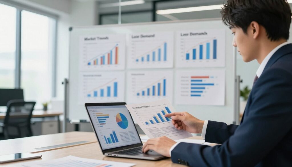 A professional real estate agent examining a diverse array of influencing factors on income, depicted in a modern office environment. In the foreground, the agent, dressed in smart business attire, is analyzing graphs and charts on a sleek laptop, clearly showing various income variables. In the middle ground, a large whiteboard filled with key factors such as market trends, location demand, and commission rates is visible. The background features a contemporary office with large windows, letting in natural light that creates a bright and optimistic atmosphere. The perspective is slightly angled to give depth, with soft shadows adding a realistic touch. Overall, the scene conveys professionalism, diligence, and the analytical nature of the real estate profession.