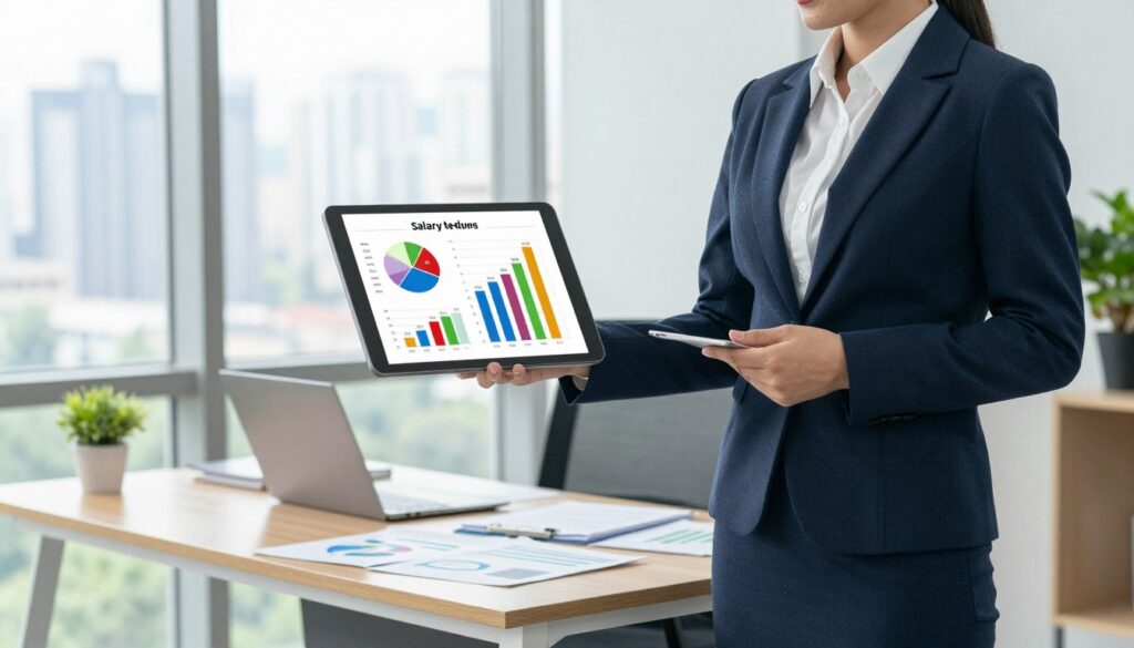 A professional sales representative depicted in a modern office environment, comparing salary figures by industry. In the foreground, the representative, dressed in a sharp business suit, is standing confidently with a tablet displaying colorful graphs and charts showing salary comparisons. In the middle, a stylish desk cluttered with documents and a laptop reflects a focused work atmosphere. The background features large windows with a cityscape view, revealing a bright day with natural light pouring in. The mood is analytical yet optimistic, highlighting the importance of understanding salary differences in various sectors. The scene captures a sense of professionalism and ambition, with clear visual emphasis on the data being presented.