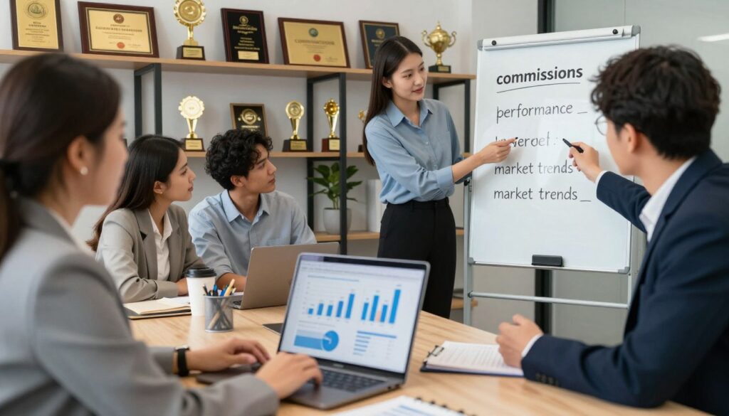 A professional sales representative engaged in a discussion with clients in a modern office setting, emphasizing key factors influencing salary. In the foreground, the representative, dressed in smart business attire, uses a laptop to showcase graphs and statistics related to compensation. In the middle, a diverse group of clients, attentively listening, while gesturing at a whiteboard filled with key terms like "commissions," "performance," and "market trends." The background features shelves filled with sales awards and recognition plaques, symbolizing success. Soft, natural lighting enhances an atmosphere of collaboration and professionalism. The scene captures the essence of negotiating salary and understanding commissions, reflecting a dynamic business environment.