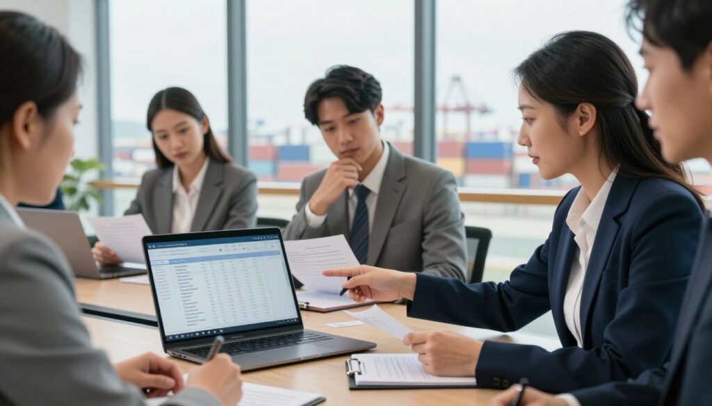 A professional scene depicting the selection process of a reputable freight forwarder, featuring a diverse group of business professionals around a conference table, engaged in discussion and analysing documents. In the foreground, a middle-aged woman in a business suit points confidently at a laptop screen showcasing freight logistics data. In the middle, a young man taking notes looks thoughtfully at a printed proposal, while a woman reviews a checklist. The background shows a large window with a view of a busy shipping port and containers. Soft, natural lighting floods the room, creating a collaborative atmosphere. The focus should be clear, with a slightly blurred depth of field to emphasize the professionals in the foreground, illustrating their commitment to choosing the right partner for cargo handling. A professional scene depicting the selection process of a reputable freight forwarder, featuring a diverse group of business professionals around a conference table, engaged in discussion and analysing documents. In the foreground, a middle-aged woman in a business suit points confidently at a laptop screen showcasing freight logistics data. In the middle, a young man taking notes looks thoughtfully at a printed proposal, while a woman reviews a checklist. The background shows a large window with a view of a busy shipping port and containers. Soft, natural lighting floods the room, creating a collaborative atmosphere. The focus should be clear, with a slightly blurred depth of field to emphasize the professionals in the foreground, illustrating their commitment to choosing the right partner for cargo handling.