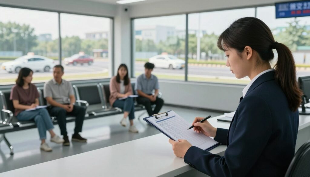 A professional scene inside a traffic examination center, showcasing key factors affecting the salary of driving examiners. In the foreground, a focused driving examiner, dressed in smart business attire, reviews candidate performance on a clipboard. The middle layer features a modern waiting area, with parents and candidates seated, highlighting the supportive environment. In the background, large glass windows show a driving track outside, where cars maneuver, symbolizing the practical aspect of the job. Soft natural lighting filters through the windows, casting gentle shadows and creating a calm atmosphere. The scene is arranged at eye level, emphasizing professionalism and the importance of the role in traffic safety and education.