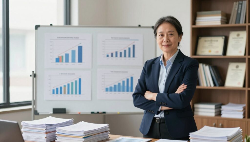 A professional school director standing confidently in an office environment, showcasing key factors that influence their salary. In the foreground, a middle-aged person in professional business attire, surrounded by stacks of reports and financial documents, symbolizing budget management. In the middle ground, a whiteboard filled with charts and metrics related to educational funding, staff management, and performance evaluations, emphasizing the data-driven aspect of their role. The background features a bookshelf with educational materials and diplomas, adding credibility and professionalism. Soft, natural lighting coming from a large window creates a warm, inviting atmosphere, while a shallow depth of field focuses on the director, suggesting importance and authority in the education sector. A professional school director standing confidently in an office environment, showcasing key factors that influence their salary. In the foreground, a middle-aged person in professional business attire, surrounded by stacks of reports and financial documents, symbolizing budget management. In the middle ground, a whiteboard filled with charts and metrics related to educational funding, staff management, and performance evaluations, emphasizing the data-driven aspect of their role. The background features a bookshelf with educational materials and diplomas, adding credibility and professionalism. Soft, natural lighting coming from a large window creates a warm, inviting atmosphere, while a shallow depth of field focuses on the director, suggesting importance and authority in the education sector.