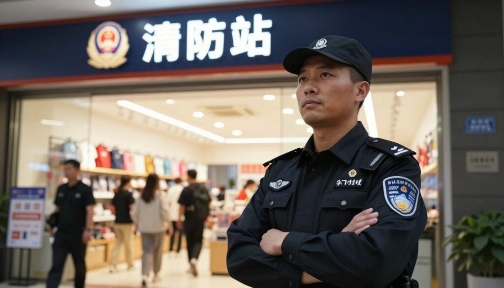 A professional security guard standing confidently at the entrance of a retail store, wearing a neat, dark uniform with a badge prominently displayed. In the foreground, the guard maintains a vigilant watch, with an attentive expression and arms crossed, demonstrating responsibility. In the middle, display a busy store environment filled with shoppers, showcasing merchandise and a welcoming atmosphere. The background should feature clear signage indicating the store's name, with bright, inviting lighting casting a warm glow over the scene. The angle should capture a slight upward perspective, emphasizing the security guard's authoritative presence while still showing the dynamic retail activity. The mood is serious yet approachable, embodying professionalism and trust. A professional security guard standing confidently at the entrance of a retail store, wearing a neat, dark uniform with a badge prominently displayed. In the foreground, the guard maintains a vigilant watch, with an attentive expression and arms crossed, demonstrating responsibility. In the middle, display a busy store environment filled with shoppers, showcasing merchandise and a welcoming atmosphere. The background should feature clear signage indicating the store's name, with bright, inviting lighting casting a warm glow over the scene. The angle should capture a slight upward perspective, emphasizing the security guard's authoritative presence while still showing the dynamic retail activity. The mood is serious yet approachable, embodying professionalism and trust.