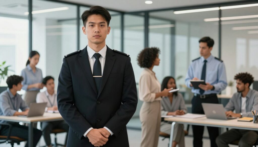 A professional security guard standing confidently in a modern office environment, wearing a neat black suit and tie. The foreground features a detailed view of the guard's expression, showcasing alertness and professionalism. In the middle ground, a diverse group of professionals, including men and women of various ethnic backgrounds, are engaged in a dynamic discussion about security protocols, demonstrating teamwork and collaboration. The background includes a sleek, contemporary office setting with glass walls and soft, natural lighting streaming through large windows, creating a bright and inviting atmosphere. The overall mood conveys seriousness and dedication, highlighting the importance of formal requirements and educational paths in the security profession. A professional security guard standing confidently in a modern office environment, wearing a neat black suit and tie. The foreground features a detailed view of the guard's expression, showcasing alertness and professionalism. In the middle ground, a diverse group of professionals, including men and women of various ethnic backgrounds, are engaged in a dynamic discussion about security protocols, demonstrating teamwork and collaboration. The background includes a sleek, contemporary office setting with glass walls and soft, natural lighting streaming through large windows, creating a bright and inviting atmosphere. The overall mood conveys seriousness and dedication, highlighting the importance of formal requirements and educational paths in the security profession.