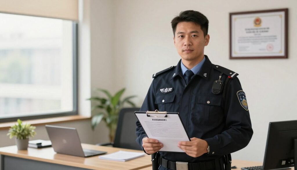 A professional security guard standing confidently in a well-lit office setting, dressed in smart business attire. In the foreground, the guard is holding a clipboard with formal documents, symbolizing the formal requirements for security personnel. In the middle ground, a modern office desk displays a laptop and a badge, indicating professionalism and authority. The background features a wall-mounted certificate displaying licensing credentials, emphasizing legal compliance. Soft, natural lighting from a large window creates a warm atmosphere, while a subtle depth of field adds focus to the guard and documents. The overall mood is serious yet approachable, conveying the importance of formal training and compliance in the security profession. A professional security guard standing confidently in a well-lit office setting, dressed in smart business attire. In the foreground, the guard is holding a clipboard with formal documents, symbolizing the formal requirements for security personnel. In the middle ground, a modern office desk displays a laptop and a badge, indicating professionalism and authority. The background features a wall-mounted certificate displaying licensing credentials, emphasizing legal compliance. Soft, natural lighting from a large window creates a warm atmosphere, while a subtle depth of field adds focus to the guard and documents. The overall mood is serious yet approachable, conveying the importance of formal training and compliance in the security profession.
