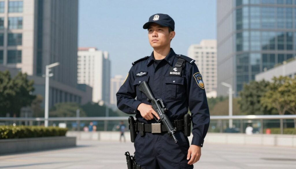 A professional security guard stands confidently in a modern urban environment, wearing a crisp navy blue uniform complete with a badge and a utility belt. The guard is holding a firearm, clearly displaying a legal permit attached to their belt. The foreground features the guard in a slightly angled pose, emphasizing their vigilance and authority. In the middle ground, a sleek cityscape with tall buildings and a clear blue sky serves as a backdrop, highlighting the guard's role in protecting urban settings. The lighting is bright and natural, casting soft shadows that enhance the professionalism of the scene. The overall atmosphere is serious yet composed, reflecting the responsibilities of a licensed security professional. A professional security guard stands confidently in a modern urban environment, wearing a crisp navy blue uniform complete with a badge and a utility belt. The guard is holding a firearm, clearly displaying a legal permit attached to their belt. The foreground features the guard in a slightly angled pose, emphasizing their vigilance and authority. In the middle ground, a sleek cityscape with tall buildings and a clear blue sky serves as a backdrop, highlighting the guard's role in protecting urban settings. The lighting is bright and natural, casting soft shadows that enhance the professionalism of the scene. The overall atmosphere is serious yet composed, reflecting the responsibilities of a licensed security professional.