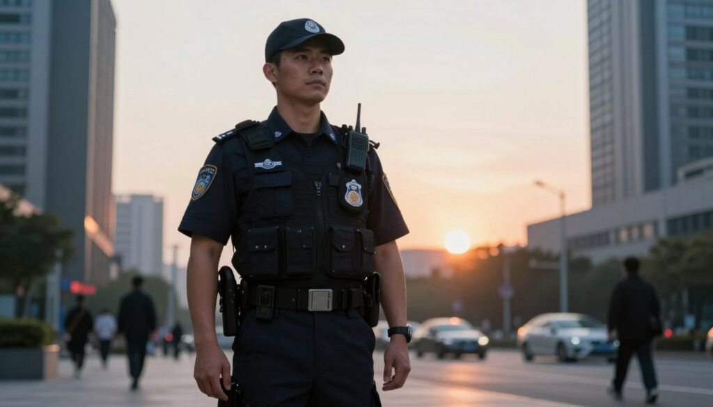 A professional security guard stands confidently in a well-lit urban environment. In the foreground, the guard is dressed in a smart uniform, showcasing a badge and essential gear like a walkie-talkie, exuding authority and vigilance. The middle ground features a faint hint of city life with blurred figures of pedestrians and modern buildings, implying the bustling environment they protect. In the background, a soft sunset casts a warm glow, symbolizing safety and professionalism. The lighting is dramatic yet balanced, creating an atmosphere of focus and responsibility. The scene should be framed with a slight low-angle perspective to emphasize the guard's role and commitment to public safety, while avoiding any elements that may imply danger. A professional security guard stands confidently in a well-lit urban environment. In the foreground, the guard is dressed in a smart uniform, showcasing a badge and essential gear like a walkie-talkie, exuding authority and vigilance. The middle ground features a faint hint of city life with blurred figures of pedestrians and modern buildings, implying the bustling environment they protect. In the background, a soft sunset casts a warm glow, symbolizing safety and professionalism. The lighting is dramatic yet balanced, creating an atmosphere of focus and responsibility. The scene should be framed with a slight low-angle perspective to emphasize the guard's role and commitment to public safety, while avoiding any elements that may imply danger.