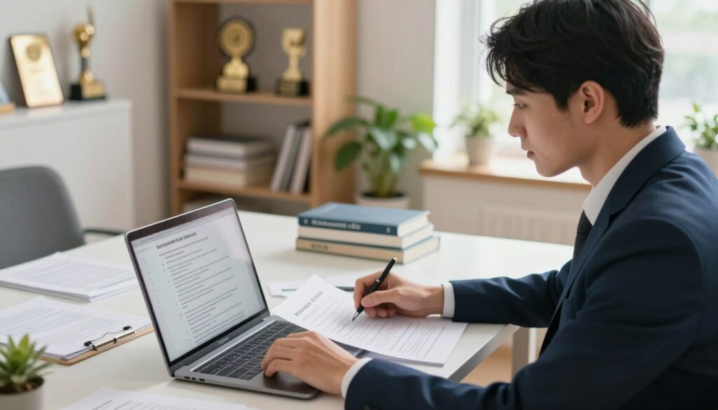 A professional setting featuring a well-dressed individual, sitting at a desk cluttered with interview preparation materials. The foreground includes a focused young adult, wearing a smart suit, looking at a laptop screen with notes spread out, showcasing intense concentration. The middle ground features books on interview techniques and a notepad filled with questions. In the background, a well-lit room with shelves containing awards and plants adds a touch of warmth and professionalism. The lighting is soft and natural, streaming in from a window, creating an inviting atmosphere for learning and preparation. Capture the essence of confidence and readiness as the individual prepares for a job interview. A professional setting featuring a well-dressed individual, sitting at a desk cluttered with interview preparation materials. The foreground includes a focused young adult, wearing a smart suit, looking at a laptop screen with notes spread out, showcasing intense concentration. The middle ground features books on interview techniques and a notepad filled with questions. In the background, a well-lit room with shelves containing awards and plants adds a touch of warmth and professionalism. The lighting is soft and natural, streaming in from a window, creating an inviting atmosphere for learning and preparation. Capture the essence of confidence and readiness as the individual prepares for a job interview.
