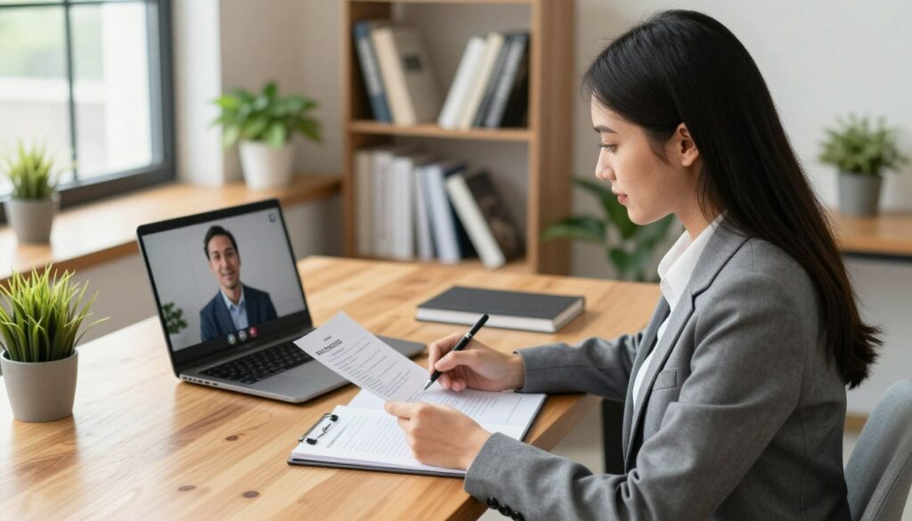 A professional setting for a job interview preparation scene. In the foreground, a young woman dressed in a tailored business suit sits at a wooden desk, reviewing her resume and taking notes on a notepad. In the middle ground, an open laptop displays a video call interface, suggesting a mock interview scenario. The background features a well-organized office with potted plants, a bookshelf filled with career-related books, and a large window letting in natural light, creating a warm atmosphere. The soft focus on the edges emphasizes the subject, captured with a slight angle that showcases both the desk and the inviting ambiance. The overall mood conveys confidence and determination, encouraging viewers to visualize effective interview preparation.