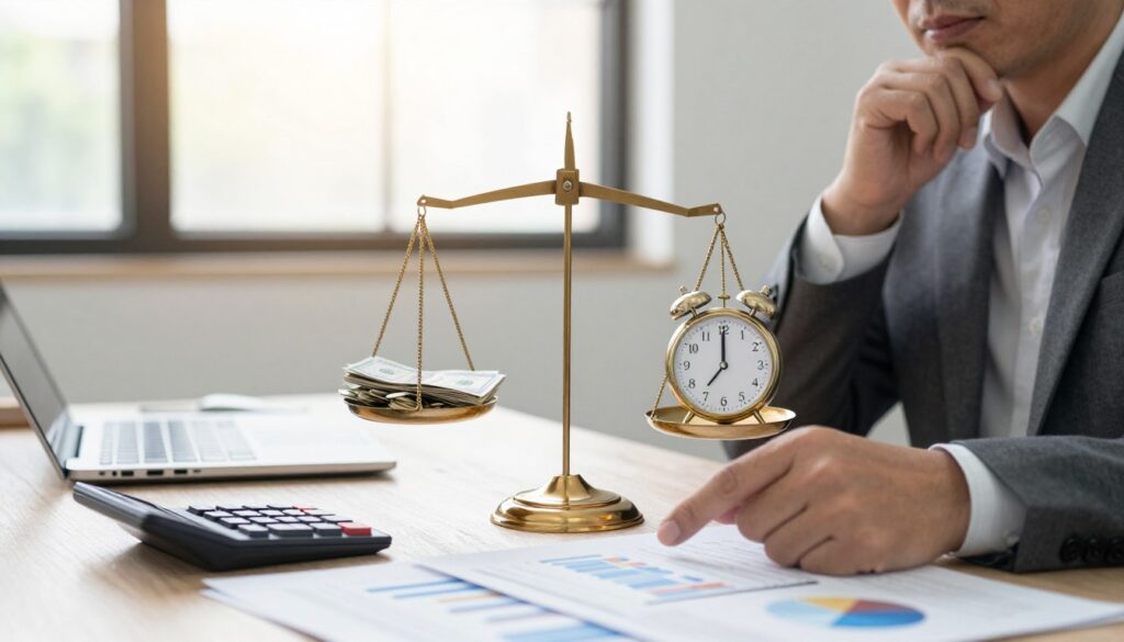 A professional setting illustrating the concept of earning limits before retirement age. In the foreground, a thoughtful middle-aged person in business attire is reviewing documents at a desk, with a calculator and financial charts spread out. In the middle, a visually striking balance scale represents the concept of limits, with one side filled with money and the other with a clock symbolizing time. The background features a blurred office environment, hinting at productivity, with soft natural lighting streaming through large windows, creating a warm and focused atmosphere. The mood is contemplative, reflecting the importance of financial planning and the upcoming transition to retirement. The lens should capture the scene at a slight angle, emphasizing the emotional weight of preparing for the future.