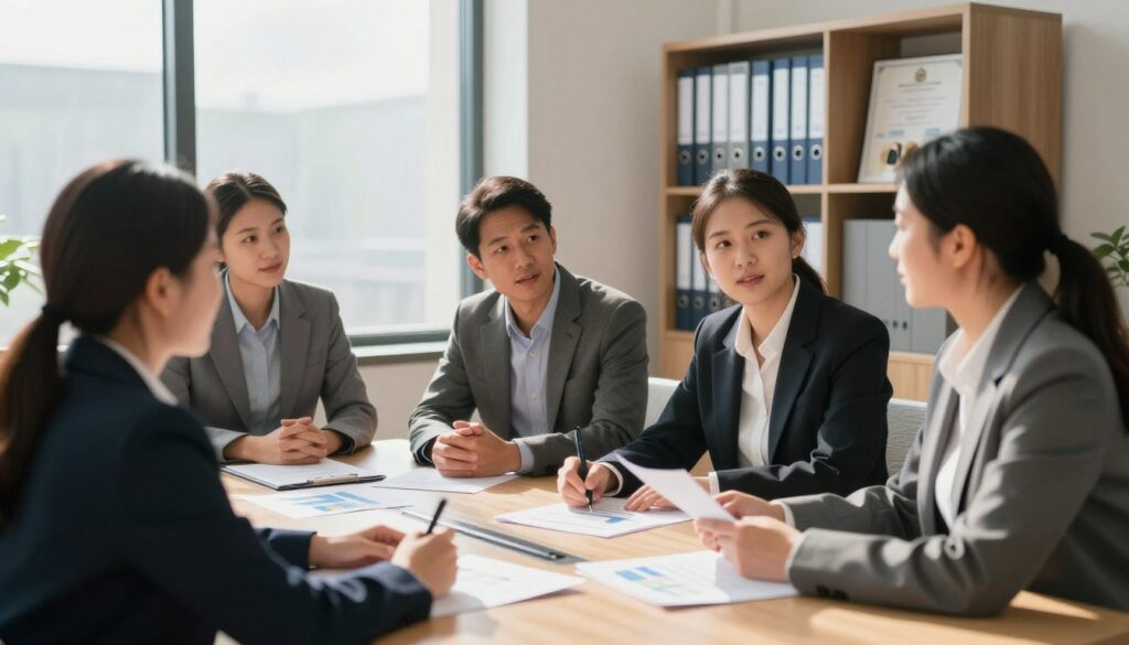 A professional setting illustrating the concept of work experience, featuring a polished office environment in the foreground. Display a diverse group of four individuals in professional business attire engaged in a discussion around a conference table filled with documents and charts. In the middle ground, show a large window with natural light flooding in, casting soft shadows, highlighting the focused expressions of the participants. In the background, display shelves filled with files and certificates symbolizing career achievements. The atmosphere should be one of collaboration and determination, with a warm, inviting color palette that enhances the sense of professionalism and ambition. Use a balanced composition and a slightly angled perspective to create depth and engagement in the scene. A professional setting illustrating the concept of work experience, featuring a polished office environment in the foreground. Display a diverse group of four individuals in professional business attire engaged in a discussion around a conference table filled with documents and charts. In the middle ground, show a large window with natural light flooding in, casting soft shadows, highlighting the focused expressions of the participants. In the background, display shelves filled with files and certificates symbolizing career achievements. The atmosphere should be one of collaboration and determination, with a warm, inviting color palette that enhances the sense of professionalism and ambition. Use a balanced composition and a slightly angled perspective to create depth and engagement in the scene.
