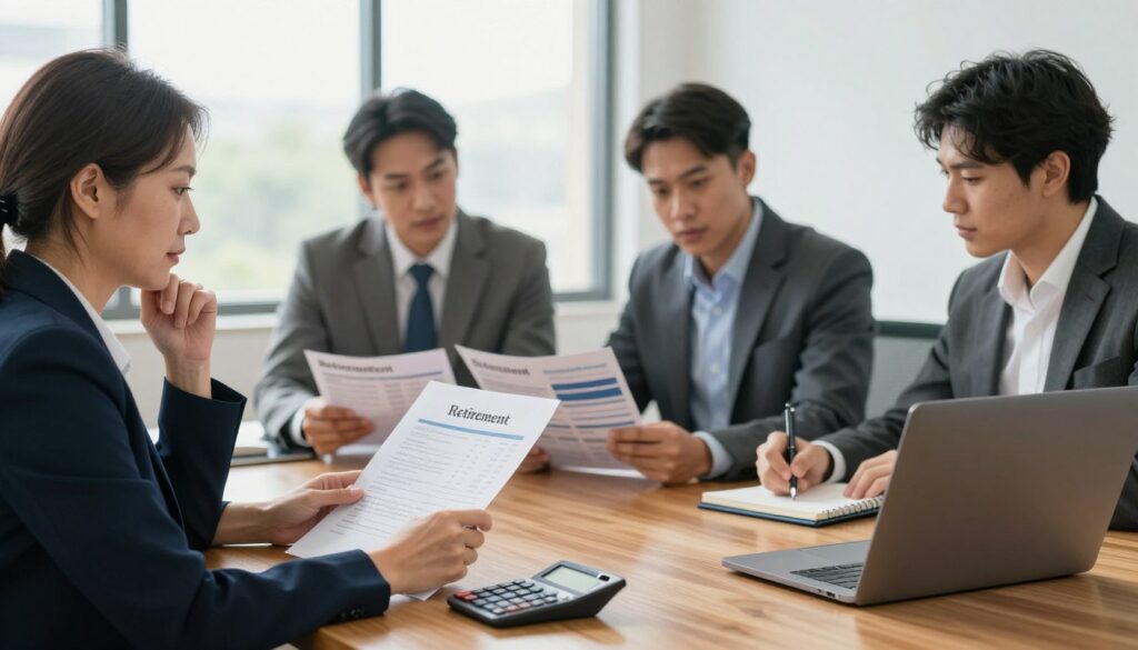 A professional setting in a modern office, where a diverse group of individuals, dressed in formal business attire, are engaged in a discussion about retirement plans. In the foreground, a middle-aged woman looks thoughtfully at a document referencing retirement pension calculations, with a calculator and a laptop open on a polished wooden table. In the middle ground, two men examine a retirement brochure, while a young professional takes notes. The background features a large window with natural light streaming in, illuminating the room with a warm, optimistic atmosphere. The scene conveys a sense of focus and importance, emphasizing the theme of retirement planning after 35 years of work. The overall mood is serious yet hopeful, designed to inspire viewers to contemplate their own retirement futures.