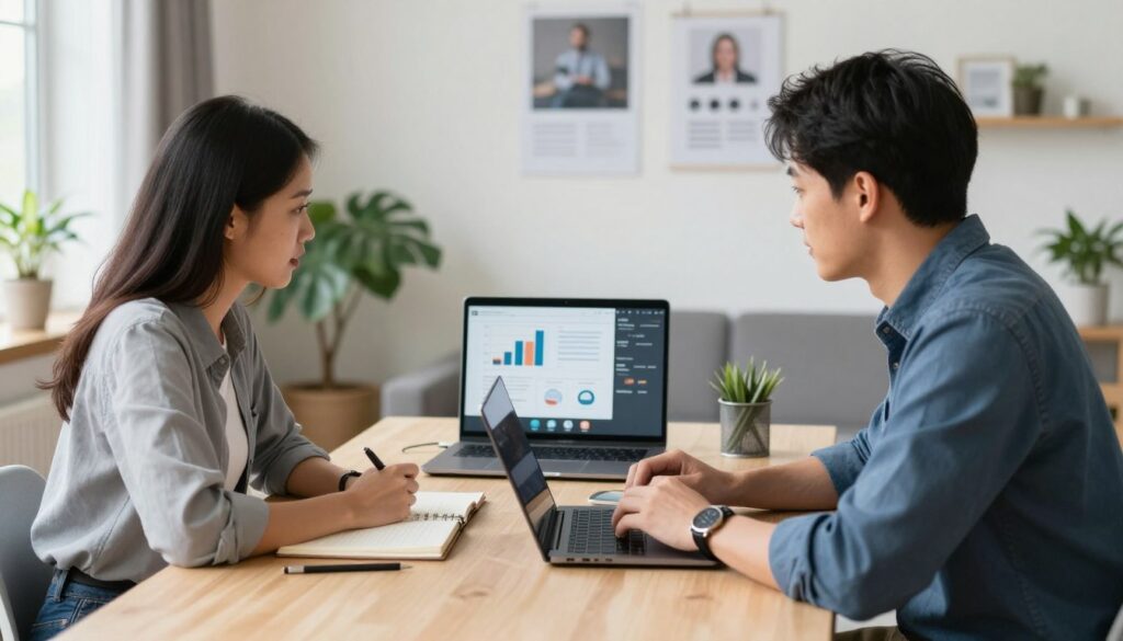 A professional setting where a woman and a man engage in a remote negotiation, each sitting at their respective desks adorned with laptops and notebooks. The foreground features the focused expressions of both individuals, dressed in business casual attire, conveying determination and professionalism. In the middle, a virtual video call interface is visible on one laptop screen, showcasing charts and graphs that represent key negotiation points. The background reveals a bright, well-organized home office space with plants and motivational posters, creating an inviting atmosphere. Soft, natural lighting illuminates the scene, casting gentle shadows, with a slight depth-of-field effect to emphasize the participants. The mood is one of collaboration and professionalism, highlighting the significance of negotiating remote work conditions.
