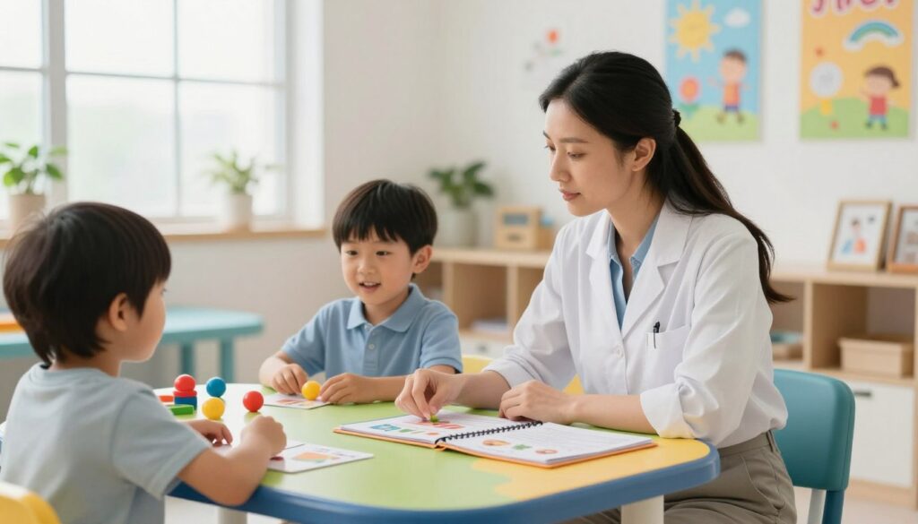 A professional speech therapist (logopeda) in a modern, well-lit clinic, focused on a child during a therapy session. The therapist, dressed in smart casual attire, is sitting at a colorful table with educational materials around them, engaging the child. The foreground shows the therapist's attentive expression and the child’s eager face. In the middle ground, various speech therapy tools, such as flashcards and toys, are neatly arranged. The background features bright, inviting wall art that promotes communication and learning. Soft, natural lighting filters in through large windows, creating a warm and encouraging atmosphere, showcasing an environment conducive to effective therapy.