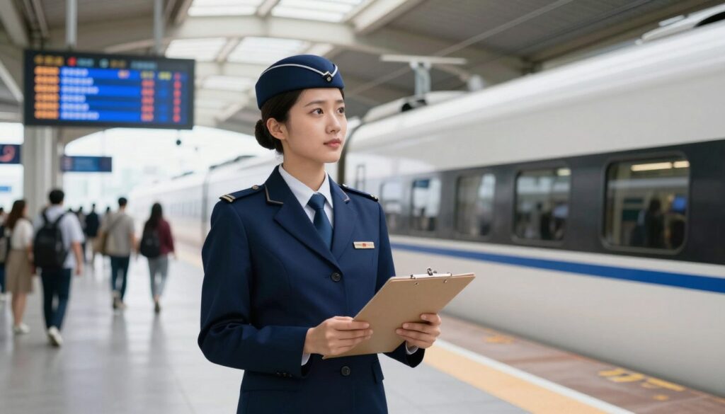 A professional train conductor standing confidently on a platform, wearing a smart navy blue uniform with a cap, holding a clipboard and looking at an electronic train schedule. In the foreground, a close-up of the conductor’s thoughtful expression, conveying professionalism and dedication. In the middle ground, a bustling train station environment with passengers and trains, showcasing activity and motion, highlighting the differences in earnings among various railway operators. The background features a modern train, sleek and polished, reflecting the advancements in public transport. Soft, natural lighting filters through large station windows, creating a bright and inviting atmosphere, suggesting a productive day ahead. The angle is slightly low, emphasizing the conductor’s important role within the vibrant transportation landscape.