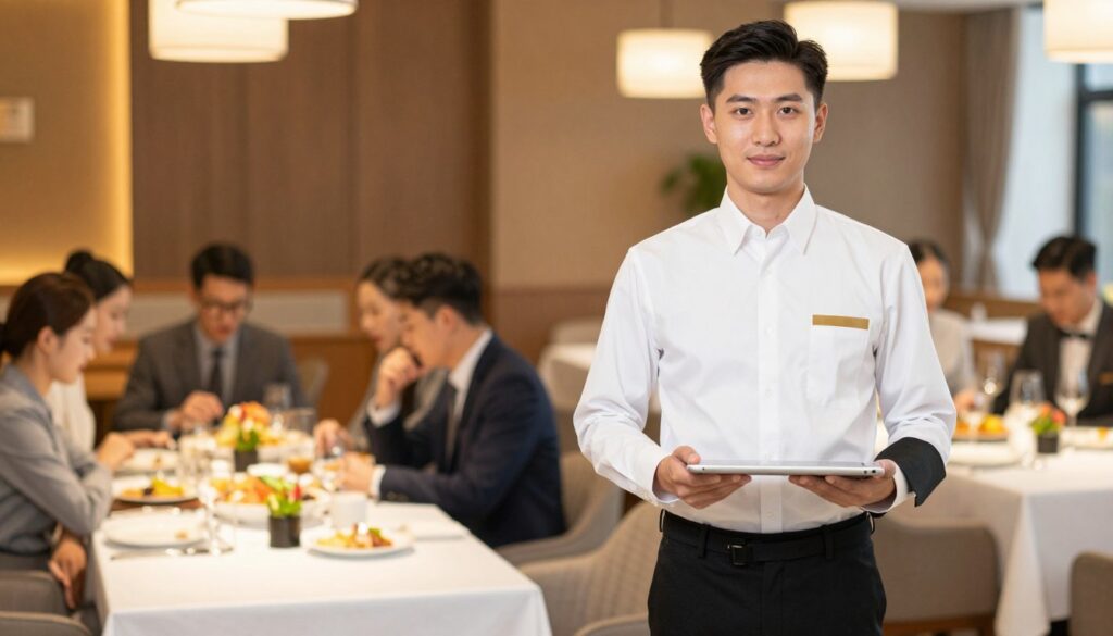 A professional waiter stands confidently in a bustling restaurant, wearing a crisp white shirt and black trousers, showcasing a polished and courteous demeanor. In the foreground, the waiter holds a tablet, illustrating the modern integration of technology in hospitality. The middle ground features elegantly set tables with fine dining arrangements, signifying growth and elevated customer experiences. In the background, a vibrant restaurant ambiance with warm lighting highlights a diverse group of satisfied diners enjoying their meals, creating an atmosphere of success and opportunity. The image captures a motivational mood that showcases the potential for development and benefits in the waiter profession. Soft, warm lighting enhances the inviting environment, and a shallow depth of field focuses on the waiter, drawing attention to his role in the thriving setting. A professional waiter stands confidently in a bustling restaurant, wearing a crisp white shirt and black trousers, showcasing a polished and courteous demeanor. In the foreground, the waiter holds a tablet, illustrating the modern integration of technology in hospitality. The middle ground features elegantly set tables with fine dining arrangements, signifying growth and elevated customer experiences. In the background, a vibrant restaurant ambiance with warm lighting highlights a diverse group of satisfied diners enjoying their meals, creating an atmosphere of success and opportunity. The image captures a motivational mood that showcases the potential for development and benefits in the waiter profession. Soft, warm lighting enhances the inviting environment, and a shallow depth of field focuses on the waiter, drawing attention to his role in the thriving setting.