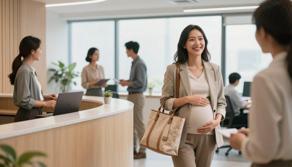 A professional woman in smart casual attire, joyfully returning to her office after maternity leave. She carries a stylish tote bag and has a warm smile as she greets her colleagues in a modern office environment. In the foreground, show a welcoming reception area with a soft, inviting color palette. In the middle ground, depict the woman engaging with co-workers, creating a sense of camaraderie and support. The background features large windows allowing natural light to flood the space, encouraging a bright and uplifting atmosphere. Soft shadows enhance the sense of depth, while a balanced composition captures the essence of transitioning back to work. Overall, the mood is positive, reflecting a seamless reintegration into the workplace.