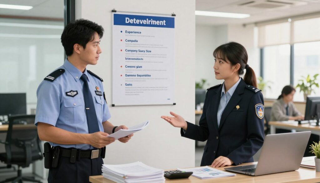 A professional workplace scene showcasing various factors influencing salary. In the foreground, a well-dressed male and female security guard discuss their roles, both wearing uniforms with badges. The middle ground features a chart on a wall illustrating key salary determinants such as experience, location, company size, and job responsibilities. On a desk, there are stacks of documents, a calculator, and a laptop displaying graphs. The background includes a modern office environment with soft, natural lighting streaming through large windows, creating a warm and inviting atmosphere. The overall mood is serious yet optimistic, emphasizing professionalism and the importance of understanding salary factors in a workplace setting. A professional workplace scene showcasing various factors influencing salary. In the foreground, a well-dressed male and female security guard discuss their roles, both wearing uniforms with badges. The middle ground features a chart on a wall illustrating key salary determinants such as experience, location, company size, and job responsibilities. On a desk, there are stacks of documents, a calculator, and a laptop displaying graphs. The background includes a modern office environment with soft, natural lighting streaming through large windows, creating a warm and inviting atmosphere. The overall mood is serious yet optimistic, emphasizing professionalism and the importance of understanding salary factors in a workplace setting.