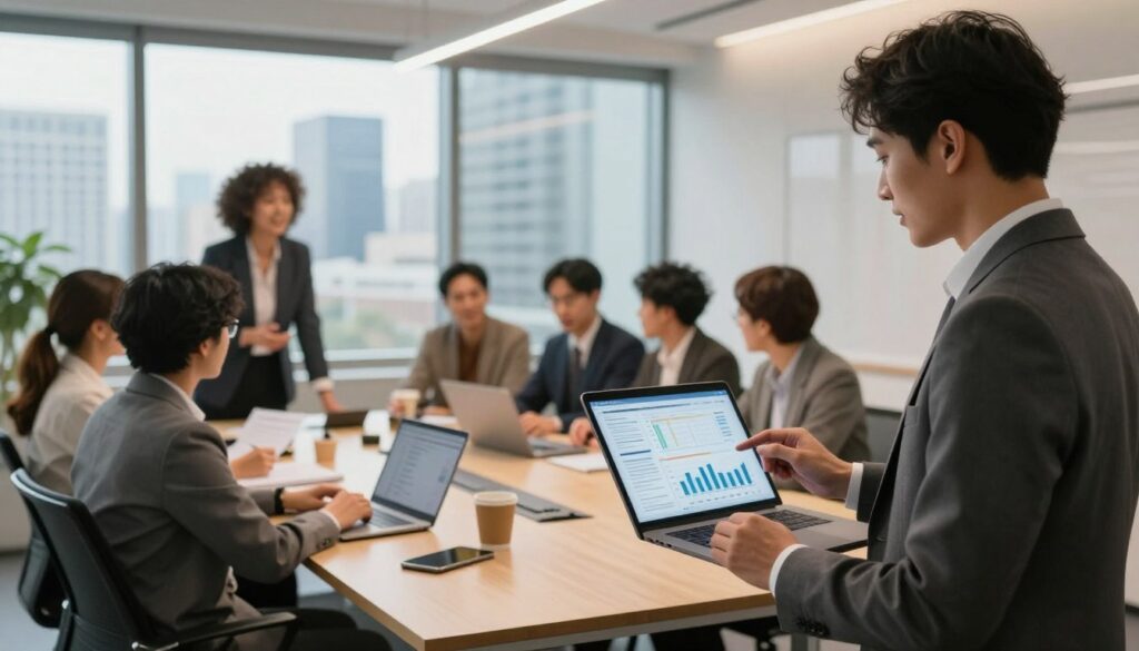 A professional workspace scene illustrating employment opportunities in the private sector for criminologists. In the foreground, a well-dressed individual in business attire, standing confidently with a laptop in hand, analyzing data on a digital tablet. In the middle ground, diverse team members engage in a brainstorming session around a conference table, showcasing collaboration and innovation. The background features large windows revealing a modern city skyline, symbolizing career prospects. Soft, warm lighting creates an inviting atmosphere, while a wide-angle lens captures the dynamic environment. The mood is optimistic and productive, emphasizing the potential for growth and collaboration in private sector roles related to criminology.