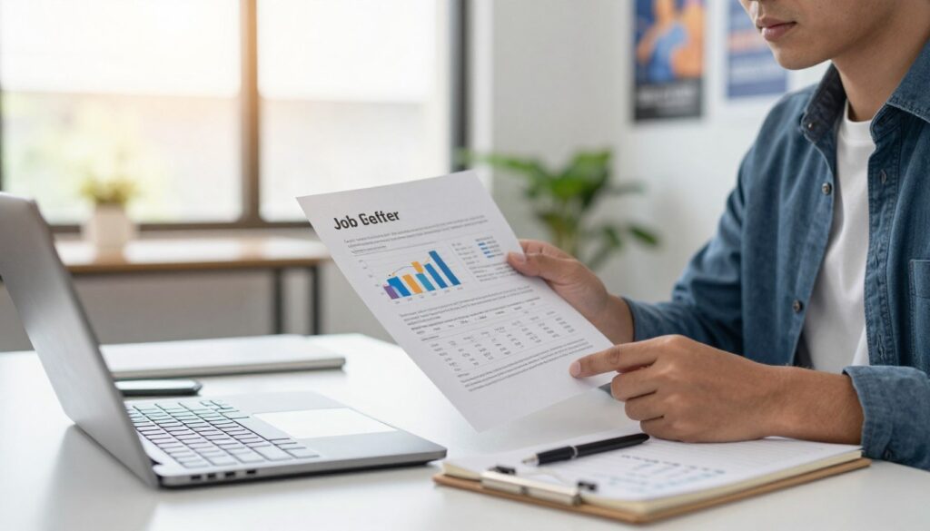 A professional workspace setting focusing on a job offer analysis. In the foreground, a focused individual in smart casual attire examines a detailed job offer document, with graphs and salary information visible. The person is seated at a sleek desk with a laptop and a notepad filled with notes and calculations. In the middle ground, a soft-focus view of a modern office with large windows letting in warm, natural light, enhancing the atmosphere of concentration and professionalism. Background elements include motivational posters and indoor plants, creating an inviting work environment. The lighting is bright yet soft, emphasizing clarity and thoughtfulness. The overall mood is analytical and determined, perfect for understanding the financial aspects of job offers.