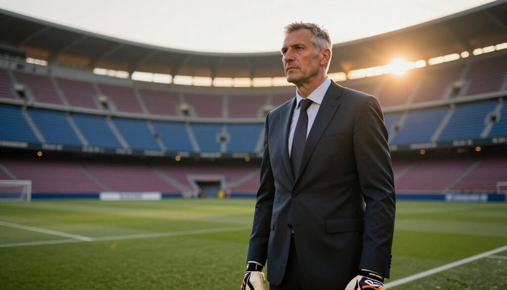 A retired goalkeeper, Wojciech Szczęsny, stands in the foreground, wearing a tailored suit, symbolizing his return from retirement. His expression is contemplative, showcasing a mix of determination and nostalgia. In the middle ground, a blurred football pitch symbolically represents his past career, while Barcelona's iconic Camp Nou stadium looms in the background, hinting at his potential transfer. Golden hour lighting casts a warm glow, enhancing the emotional atmosphere, as sunlight filters through the stadium's arches. The scene is framed with a low-angle perspective, giving a grand feel to his presence. Capture the essence of a significant comeback, reflecting hope and new beginnings in the world of football. The composition should be professional and dynamic without any text or distractions. A retired goalkeeper, Wojciech Szczęsny, stands in the foreground, wearing a tailored suit, symbolizing his return from retirement. His expression is contemplative, showcasing a mix of determination and nostalgia. In the middle ground, a blurred football pitch symbolically represents his past career, while Barcelona's iconic Camp Nou stadium looms in the background, hinting at his potential transfer. Golden hour lighting casts a warm glow, enhancing the emotional atmosphere, as sunlight filters through the stadium's arches. The scene is framed with a low-angle perspective, giving a grand feel to his presence. Capture the essence of a significant comeback, reflecting hope and new beginnings in the world of football. The composition should be professional and dynamic without any text or distractions.