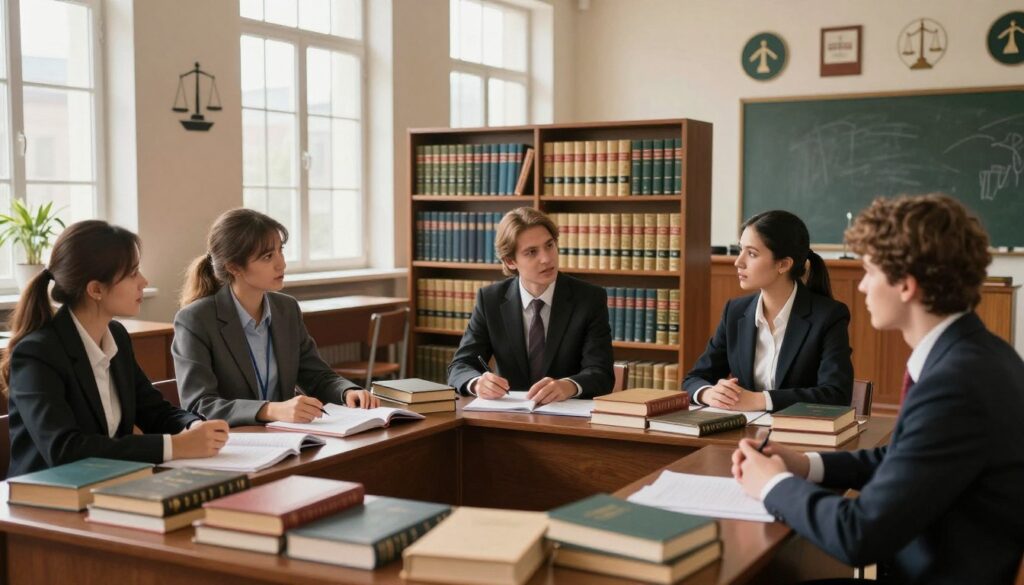 A serene educational setting showcasing the path to becoming a legal advisor in Poland. In the foreground, a diverse group of young professionals in business attire are engaged in discussion, surrounded by books and legal textbooks. The middle layer features a large, open bookshelf filled with law books, journals, and legal documents, illustrating the extensive study involved. In the background, light streams through tall windows, highlighting a traditional classroom with a chalkboard and various legal symbols on the walls. The atmosphere is one of focus and ambition, reflecting a commitment to learning and professional development in law. The lighting is warm and inviting, capturing a sense of hope and opportunity in the pursuit of legal expertise. A serene educational setting showcasing the path to becoming a legal advisor in Poland. In the foreground, a diverse group of young professionals in business attire are engaged in discussion, surrounded by books and legal textbooks. The middle layer features a large, open bookshelf filled with law books, journals, and legal documents, illustrating the extensive study involved. In the background, light streams through tall windows, highlighting a traditional classroom with a chalkboard and various legal symbols on the walls. The atmosphere is one of focus and ambition, reflecting a commitment to learning and professional development in law. The lighting is warm and inviting, capturing a sense of hope and opportunity in the pursuit of legal expertise.