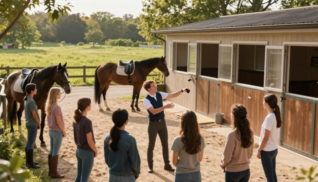 A serene horse stable scene, showcasing a professional horseback riding instructor engaging with potential clients. In the foreground, the instructor, dressed in smart casual attire, enthusiastically demonstrates a horse grooming technique to a diverse group of interested individuals, highlighting an inviting and friendly atmosphere. The middle ground features well-groomed horses in their stalls, showcasing the stable's cleanliness and care. In the background, a lush green field illuminated by soft, warm sunlight filters through the trees, creating a tranquil and welcoming environment. The angle is slightly elevated, providing a comprehensive view of the stable area, while soft shadows cast by the trees enhance the mood of a welcoming, professional equestrian environment.