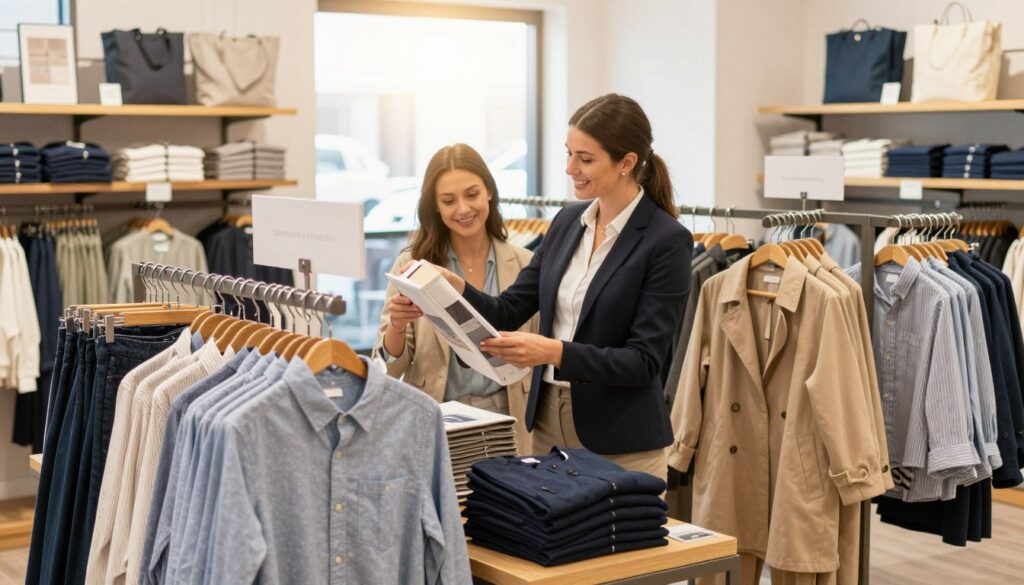 A serene indoor shopping environment showcasing a variety of stylish Hampton Republic products. In the foreground, a well-organized display of clothing items such as casual shirts and elegant coats, neatly arranged on wooden racks. In the middle, a happy customer in professional attire is examining a product closely, embodying the concept of safe shopping. The background features a soft, diffused light streaming through large windows, creating a welcoming atmosphere. Shelves stocked with branded items are visible, emphasizing brand authenticity. The overall mood is one of trust and security, highlighting a comfortable shopping experience. Capture this scene from a slightly elevated angle to convey depth and a sense of community in shopping.