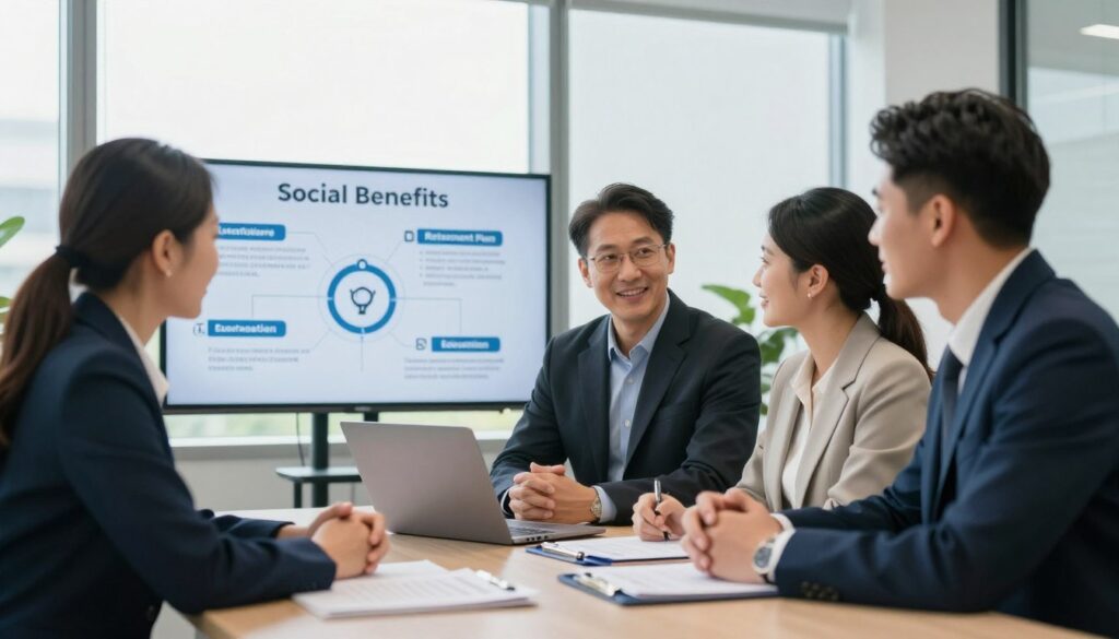 A serene office environment capturing the essence of non-monetary benefits for military officers, with a focus on social welfare. In the foreground, a diverse group of three professionals, two men and one woman, dressed in smart, professional business attire, are engaged in a collaborative discussion around a table piled with paperwork and a laptop. In the middle, infographics depicting various benefits such as healthcare, retirement plans, and educational opportunities are subtly integrated into the scene, showcased on a nearby screen. In the background, large windows allow soft, natural light to fill the room, enhancing a sense of optimism and teamwork. The overall atmosphere is one of professionalism and motivation, inviting viewers to appreciate the importance of these benefits in a military career.