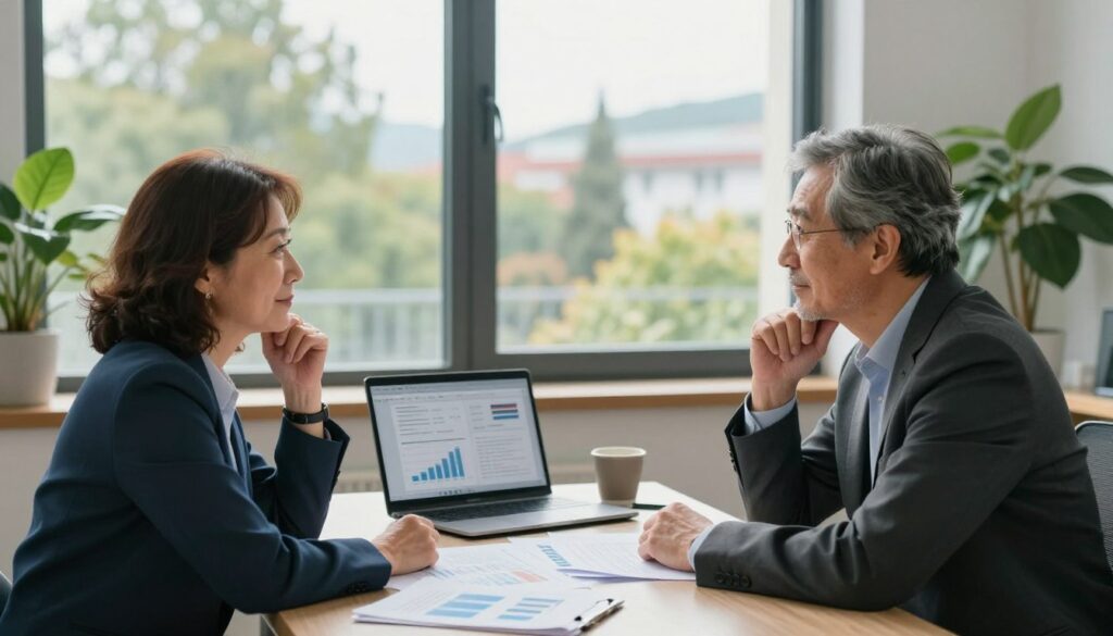 A serene office environment depicting a middle-aged professional couple engaging in a discussion about retirement and work experience. In the foreground, the couple, dressed in smart business attire, is sitting at a desk cluttered with papers, graphs, and a laptop displaying retirement statistics. The middle section features a large window showing a peaceful outdoor view with trees and distant buildings, symbolizing a balanced life after retirement. Soft natural light streams in, creating a warm and inviting atmosphere, while a potted plant adds a touch of greenery, enhancing the mood of reflection and planning. The overall composition conveys a sense of contemplation about retirement age and work tenure in the Polish system, with a focus on professionalism and optimism.