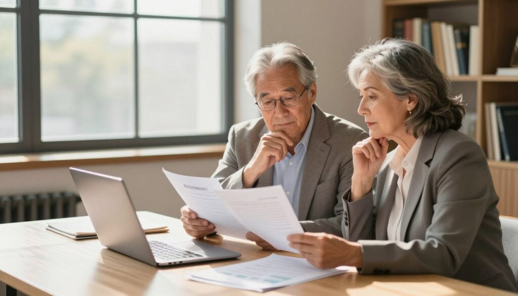 A serene office environment depicting a senior man and woman reviewing financial documents together. They are dressed in professional attire, looking engaged and thoughtful. In the foreground, a table is filled with paperwork and a laptop, symbolizing planning for retirement. In the middle ground, a large window lets in warm, natural light, casting soft shadows across the room. The background features a bookshelf filled with books on finance and economics, enhancing the intellectual atmosphere. The colors are warm and inviting, creating a mood of collaboration and hopefulness for the future. The overall angle is slightly elevated, providing a comprehensive view of the scene without any distractions or text.