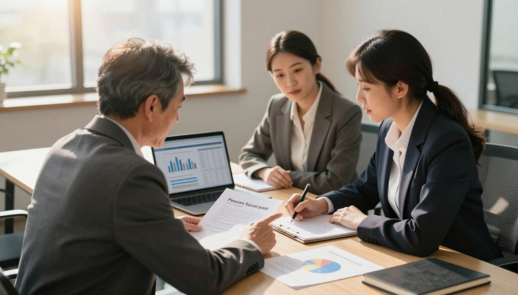 A serene office environment showcasing two professional individuals seated at a conference table, deep in discussion about pension options, with documents spread out in front of them. The foreground features a middle-aged man in a smart suit, pointing at a pie chart while a woman in professional attire attentively listens, taking notes. The middle ground includes a laptop displaying graphs and figures related to insurance calculations. In the background, large windows allow warm, natural sunlight to illuminate the room, casting gentle shadows. The atmosphere is focused and informative, emphasizing a collaborative approach to understanding the complexities of combining social insurance periods. The scene is clear, well-composed, and professional, with a soft depth of field to enhance the subjects.
