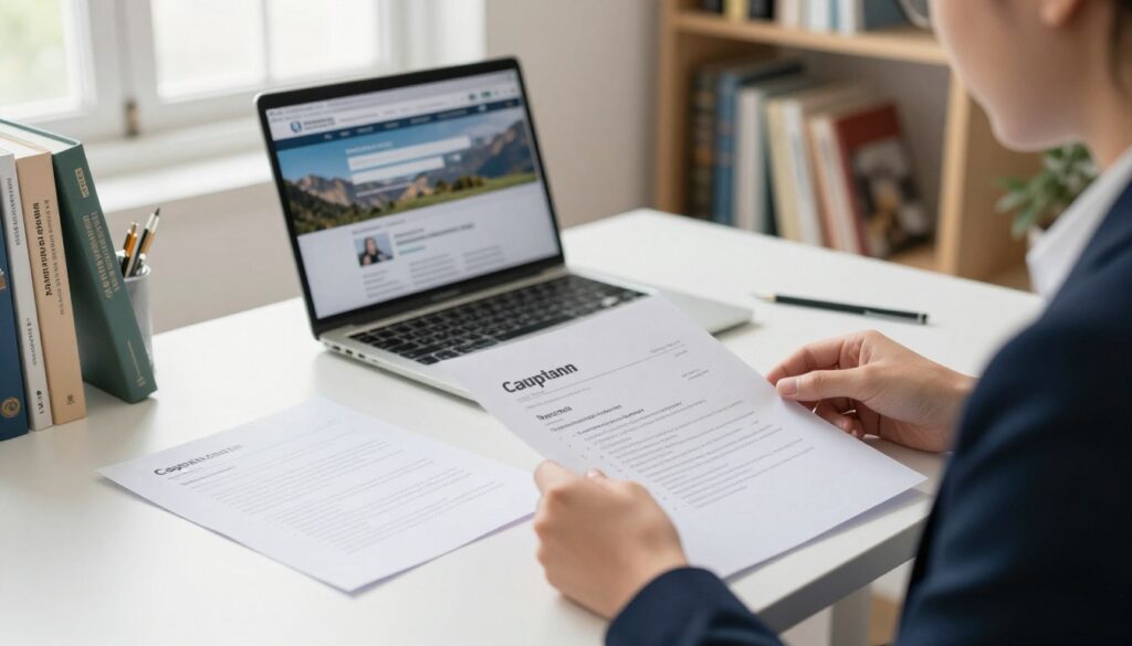 A serene office setting featuring a neatly organized desk with application documents spread out, including a resume, cover letter, and references. In the foreground, a professional individual, dressed in business attire, intently reviews their documents, with a focus on clarity and determination. The middle layer displays a laptop with an open job search webpage, casting a soft glow on the workspace. The background features a bookshelf filled with travel guides and language books, symbolizing preparation for an overseas move. Natural light streams in through a window, creating a warm and inviting atmosphere. The composition should convey professionalism, focus, and the excitement of new opportunities abroad. Use a soft-focus lens effect to enhance depth. A serene office setting featuring a neatly organized desk with application documents spread out, including a resume, cover letter, and references. In the foreground, a professional individual, dressed in business attire, intently reviews their documents, with a focus on clarity and determination. The middle layer displays a laptop with an open job search webpage, casting a soft glow on the workspace. The background features a bookshelf filled with travel guides and language books, symbolizing preparation for an overseas move. Natural light streams in through a window, creating a warm and inviting atmosphere. The composition should convey professionalism, focus, and the excitement of new opportunities abroad. Use a soft-focus lens effect to enhance depth.