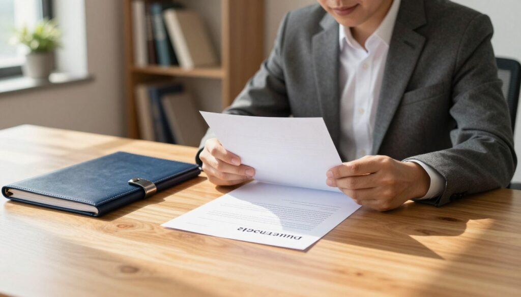 A serene office setting with a polished wooden desk as the foreground, showcasing a beautifully crafted job application letter and a neatly arranged portfolio. In the middle ground, a professional-looking individual in business attire is reviewing the application, with a thoughtful expression. They sit at the desk under warm, natural lighting coming from a nearby window, casting soft shadows that create an inviting atmosphere. A blurred bookshelf filled with career-related books and a potted plant in the background adds depth to the scene. The mood is focused and optimistic, conveying a sense of preparation and determination, symbolizing the important decision to send out a job application.