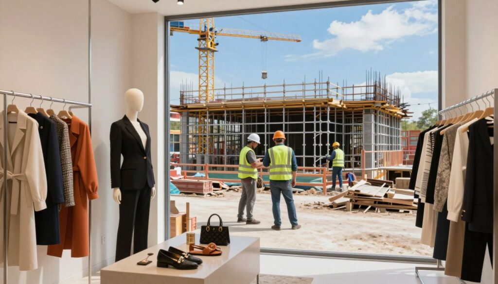 A sharp visual contrast depicting two distinct business environments: the foreground features a fashion boutique showcasing elegant clothing and accessories, where a well-dressed female mannequin stands beside steel racks of colorful garments; the clothing displays a sense of style and sophistication. In the middle ground, an industrial construction site is illustrated with workers in hard hats and safety vests busily erecting scaffolding and framing structures, emphasizing the robust nature of the construction business. The background includes a bright blue sky with wispy clouds above, casting soft natural light across both scenes. The composition balances the elegance of the fashion industry with the industrious atmosphere of construction, creating a professional and informative mood that clarifies the distinction between a clothing brand and a construction company.