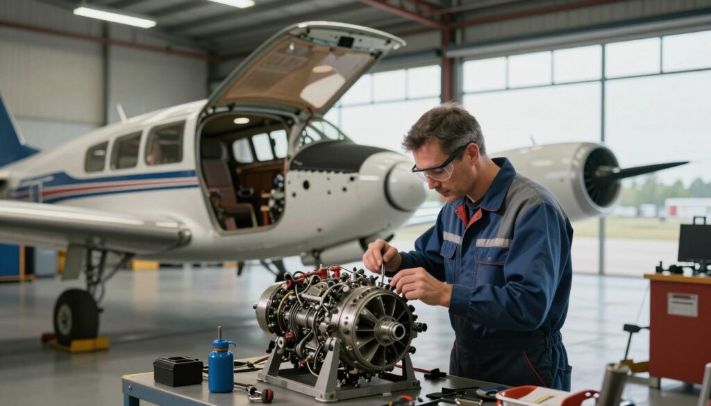 A skilled aircraft mechanic working diligently in a well-lit hangar, surrounded by various aircraft parts and tools. In the foreground, the mechanic, a middle-aged man in a professional jumpsuit and safety goggles, is inspecting an engine component with a focused expression. The middle ground features an open aircraft with intricate details of its interior and machinery exposed, showcasing the complexity of the profession. The background reveals a spacious hangar with aircraft silhouetted against large windows, allowing natural light to flood the scene. The atmosphere is industrious and professional, reflecting the challenging nature and importance of the aircraft mechanic role. Soft shadows enhance depth and create a realistic environment, emphasizing the technical skills and dedication required in this career.