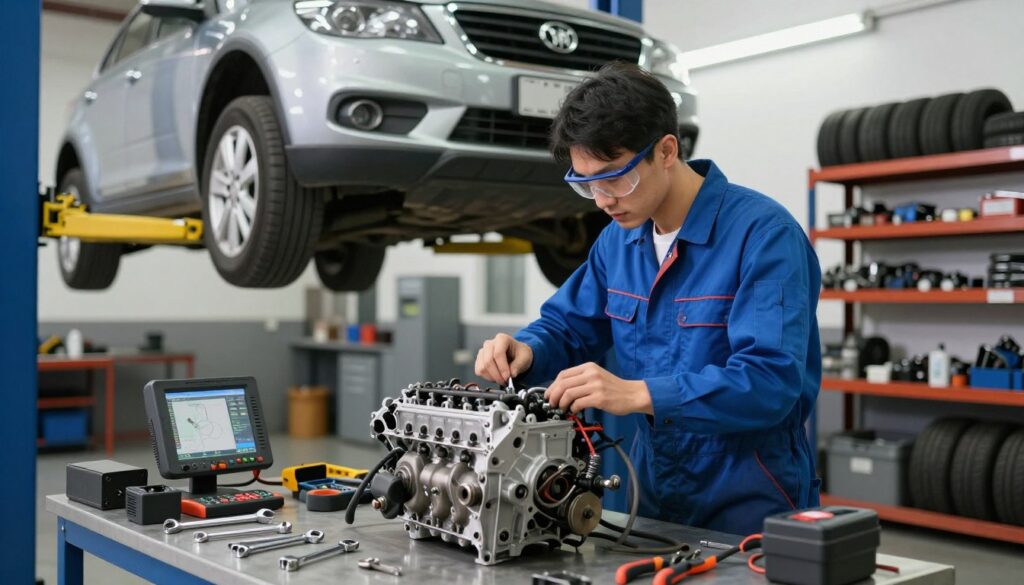 A skilled auto mechanic in a bright, well-lit workshop, wearing a professional blue jumpsuit and safety glasses, analyzing a complex engine on a workbench. In the foreground, showcase detailed tools and equipment like wrenches, pliers, and diagnostic devices scattered around. The middle ground features a large car being lifted by a hydraulic lift, highlighting a close-up of the mechanic's focused expression as they work. In the background, shelves filled with spare parts and tire racks create an industrial atmosphere. Bright fluorescent lighting casts a clean, efficient glow throughout the space, emphasizing the mechanic's expertise. The overall mood is professional, industrious, and focused on craftsmanship, reflecting the themes of mechanics' salaries and the factors affecting their earnings.