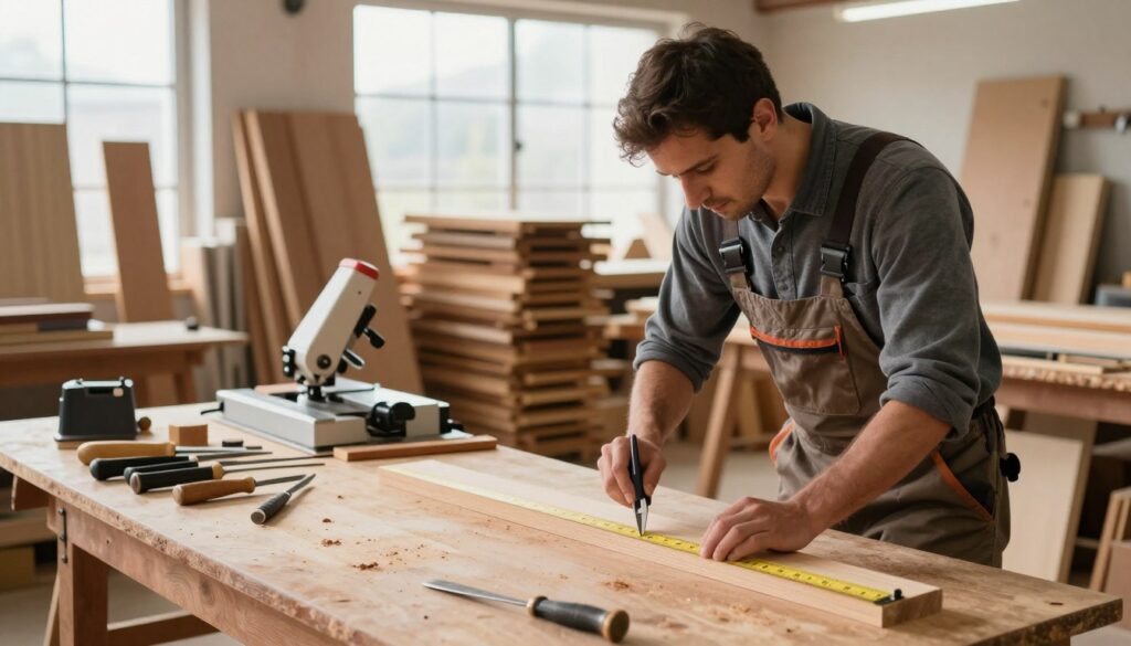 A skilled carpenter working in a well-lit workshop, the aroma of fresh wood filling the air. In the foreground, the carpenter, dressed in professional work attire, is carefully measuring a piece of wood with a caliper, showcasing precision. The middle ground features a variety of woodworking tools, such as saws, chisels, and a miter saw, neatly arranged on a workbench. In the background, large windows allow natural light to stream in, illuminating stacks of lumber and completed furniture pieces that highlight the craft's profitability. The atmosphere is industrious yet calm, emphasizing the dedication and skill required in carpentry, while the overall color palette is warm and inviting.