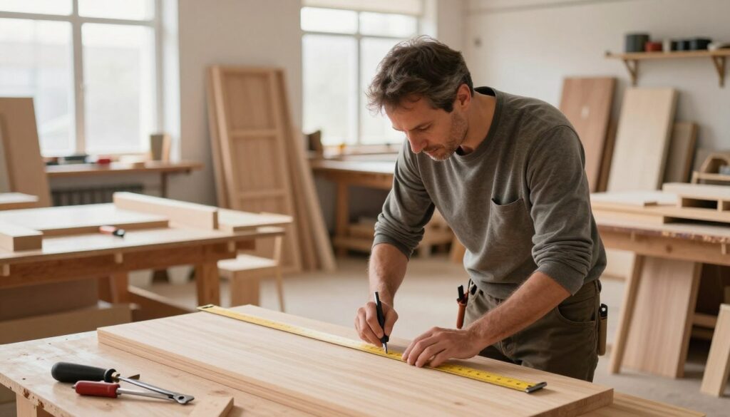 A skilled carpenter working in his workshop, showcasing a blend of creativity and craftsmanship. In the foreground, focus on the carpenter, a middle-aged man of European descent, dressed in modest casual clothing, carefully measuring wood with precision tools. The middle ground features an array of unfinished wooden furniture and projects, each highlighting different skill levels and styles. In the background, a well-organized workshop filled with natural light streaming through large windows enhances the atmosphere of productivity and artistry. Use soft, warm lighting to create an inviting mood, emphasizing the passion for woodworking. Capture the scene from a slightly elevated angle, allowing for a clear view of both the carpenter’s focused expression and the intricate details of his work environment.