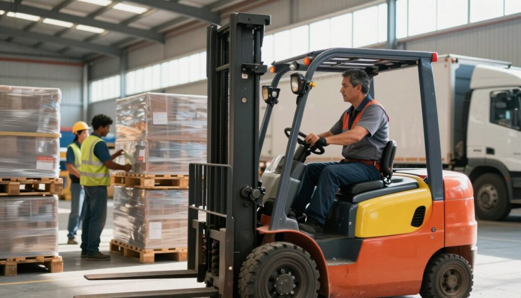 A skilled forklift operator in a modern warehouse setting, focused on loading pallets onto a delivery truck. The operator, a middle-aged individual wearing professional work attire, exudes confidence and expertise. In the foreground, the detailed forklift is depicted in vibrant colors, showcasing various controls and features that highlight its functionality. In the middle, stacked pallets of goods create an organized, busy atmosphere, with a team of diverse workers in the background collaborating in the warehouse. The lighting is bright and natural, coming from overhead windows, casting soft shadows and creating a sense of an active work environment. The angle is slightly tilted to emphasize the height of the forklift and the depth of the warehouse, conveying a mood of productivity and financial opportunity in the job market abroad.