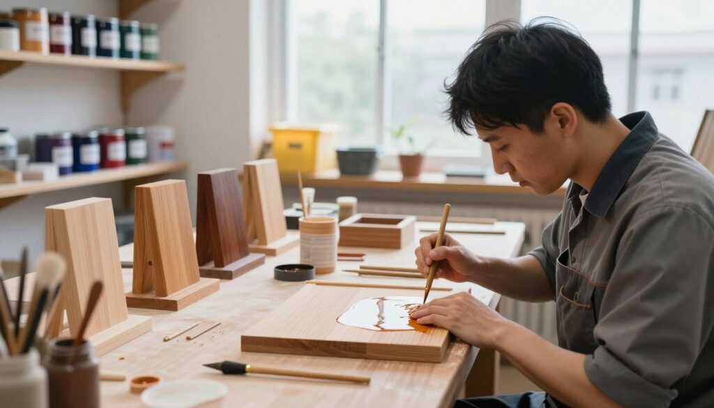 A skilled lacquer technician working intently in a bright, well-organized workshop. In the foreground, a focused technician wearing professional work attire is applying a fine layer of lacquer to a wooden surface, their tools meticulously arranged nearby. In the middle ground, a variety of finished wooden items showcase different lacquer finishes, demonstrating the progression of expertise. The background features shelves lined with paint cans and safety equipment, under soft, natural lighting filtering through large windows, emphasizing a clean and safe work environment. The atmosphere is one of craftsmanship and dedication, capturing the essence of a professional journey in the lacquer industry.