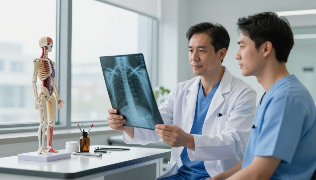 A skilled orthopedic surgeon in a modern clinic setting, showcasing a confident and focused demeanor. In the foreground, the surgeon, clad in professional scrubs and a lab coat, examines a patient's X-ray on a lightbox, highlighting their expertise and attention to detail. In the middle ground, medical tools and an anatomical model of the human skeletal system are neatly arranged on a counter, emphasizing the intricate nature of orthopedic practice. The background features large windows with natural light streaming in, creating a warm and inviting atmosphere. The color palette is soft and calming, with blues and whites predominating. The composition conveys a sense of professionalism, dedication, and the importance of experience in shaping a doctor's career in orthopedics. A skilled orthopedic surgeon in a modern clinic setting, showcasing a confident and focused demeanor. In the foreground, the surgeon, clad in professional scrubs and a lab coat, examines a patient's X-ray on a lightbox, highlighting their expertise and attention to detail. In the middle ground, medical tools and an anatomical model of the human skeletal system are neatly arranged on a counter, emphasizing the intricate nature of orthopedic practice. The background features large windows with natural light streaming in, creating a warm and inviting atmosphere. The color palette is soft and calming, with blues and whites predominating. The composition conveys a sense of professionalism, dedication, and the importance of experience in shaping a doctor's career in orthopedics.