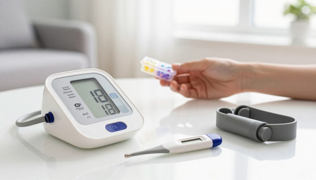 A sleek and modern assortment of innovative medical products for daily health prevention showcased on a clean, reflective surface. In the foreground, prominently display a stylish blood pressure monitor, a digital thermometer, and a set of ergonomic resistance bands, all meticulously arranged. In the middle ground, soft focus reveals a human hand gently holding a small, colorful pill organizer, hinting at daily medication management. The background features a clean, minimalistic home setting with soft natural lighting filtering through a window, creating a serene atmosphere. Capture this scene from a slightly elevated angle, emphasizing the functionality and modern design of the products. The mood should evoke a sense of wellness, innovation, and accessibility, inviting viewers to consider proactive health measures. A sleek and modern assortment of innovative medical products for daily health prevention showcased on a clean, reflective surface. In the foreground, prominently display a stylish blood pressure monitor, a digital thermometer, and a set of ergonomic resistance bands, all meticulously arranged. In the middle ground, soft focus reveals a human hand gently holding a small, colorful pill organizer, hinting at daily medication management. The background features a clean, minimalistic home setting with soft natural lighting filtering through a window, creating a serene atmosphere. Capture this scene from a slightly elevated angle, emphasizing the functionality and modern design of the products. The mood should evoke a sense of wellness, innovation, and accessibility, inviting viewers to consider proactive health measures.
