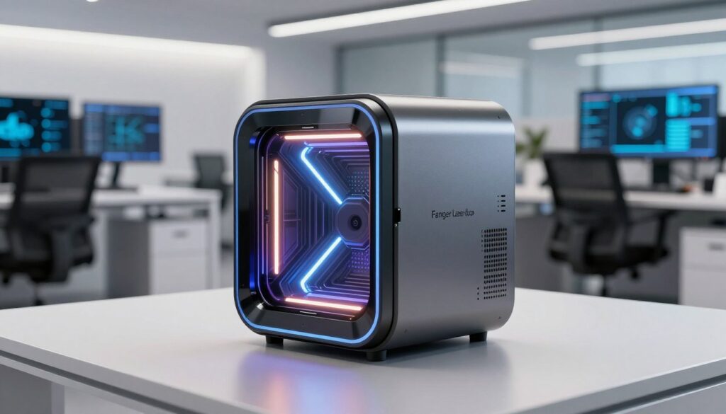 A sleek, futuristic "Fanger Laser Cube" prominently displayed in the foreground, showcasing its smooth, reflective surface and integrated LED lights. The cube is illuminated with dynamic, colorful patterns, highlighting its advanced technology. In the middle ground, a well-lit, modern office setting with high-tech equipment emphasizes innovation, featuring clean lines and minimalist design. The background offers a blurred view of a contemporary workspace filled with digital screens showcasing data or technical schematics. Soft, diffused lighting enhances the cutting-edge ambiance, creating a professional yet inviting atmosphere. The angle captures the cube at a slight tilt, emphasizing its three-dimensional form while maintaining focus on its intricate design details. No text or branding is visible, ensuring the image centers entirely on the product itself. A sleek, futuristic "Fanger Laser Cube" prominently displayed in the foreground, showcasing its smooth, reflective surface and integrated LED lights. The cube is illuminated with dynamic, colorful patterns, highlighting its advanced technology. In the middle ground, a well-lit, modern office setting with high-tech equipment emphasizes innovation, featuring clean lines and minimalist design. The background offers a blurred view of a contemporary workspace filled with digital screens showcasing data or technical schematics. Soft, diffused lighting enhances the cutting-edge ambiance, creating a professional yet inviting atmosphere. The angle captures the cube at a slight tilt, emphasizing its three-dimensional form while maintaining focus on its intricate design details. No text or branding is visible, ensuring the image centers entirely on the product itself.