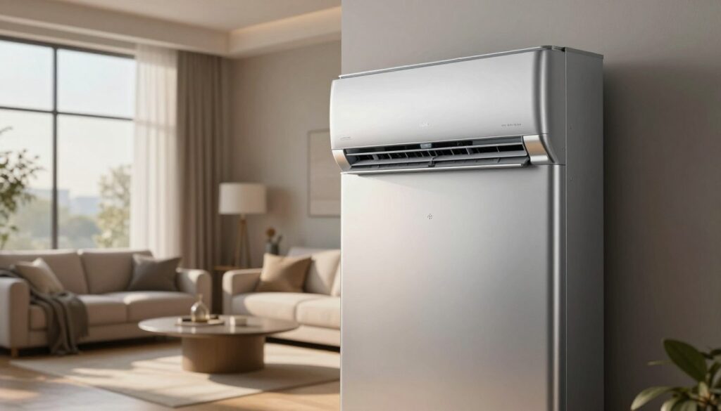 A sleek, modern air conditioning unit prominently displayed in a stylish, contemporary interior setting. The foreground features the air conditioner with shining metallic surfaces and a minimalist design, emphasizing its advanced technology. In the middle, a cozy living room is depicted with soft, neutral tones and elegant furniture, creating an inviting atmosphere. The background reveals large windows letting in warm sunlight, contrasting the coolness of the air conditioning system. The lighting is soft and natural, highlighting the air conditioner's efficiency and aesthetic appeal. The overall mood is calm and comfortable, suggesting a perfect balance between innovation and relaxation. Utilize a wide-angle lens to capture the entire scene, ensuring the air conditioning unit remains the focal point without distractions.