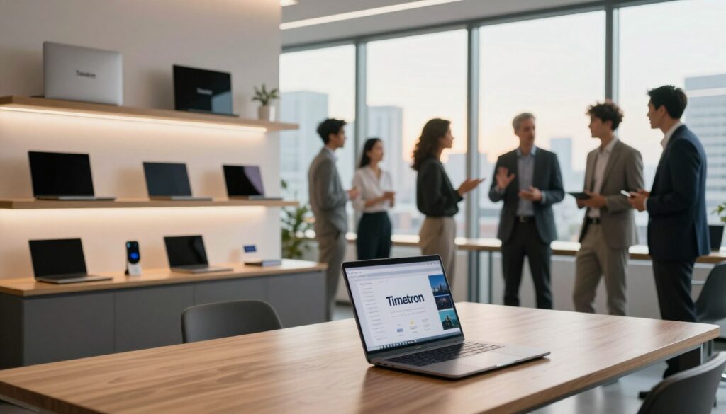 A sleek, modern corporate office interior featuring the Timetron brand's devices prominently displayed on stylish shelves. In the foreground, a polished wooden table with a laptop open to a presentation, showcasing Timetron's innovations in technology. The middle ground includes a diverse group of professionals in business attire engaged in discussions, gestures indicating collaboration. In the background, large windows reveal a panoramic view of a bustling cityscape, softly illuminated by warm natural light filtering through. The atmosphere is dynamic and inspiring, evoking a sense of progress and growth. The scene is captured with a slight depth of field effect, creating a professional and ambitious mood. The angle is slightly elevated, emphasizing the energy and innovative spirit of the brand's development in the market.