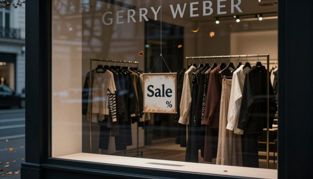 A somber yet elegant fashion boutique setting showcasing the concept of bankruptcy for the brand Gerry Weber. In the foreground, a closed shop window displays a darkened interior filled with elegant yet unkempt women’s clothing on hangers, hinting at past glamour. In the middle ground, a faded sign reading "Sale" with a percentage off, subtly reflecting the brand’s struggle. The background features a city street, slightly blurred, with dramatic overcast lighting casting a melancholic atmosphere, and autumn leaves falling to symbolize change and decline. The composition captures a sense of nostalgia and unanswered questions about the brand's future, encouraging contemplation of whether Gerry Weber has truly disappeared from the market. A somber yet elegant fashion boutique setting showcasing the concept of bankruptcy for the brand Gerry Weber. In the foreground, a closed shop window displays a darkened interior filled with elegant yet unkempt women’s clothing on hangers, hinting at past glamour. In the middle ground, a faded sign reading "Sale" with a percentage off, subtly reflecting the brand’s struggle. The background features a city street, slightly blurred, with dramatic overcast lighting casting a melancholic atmosphere, and autumn leaves falling to symbolize change and decline. The composition captures a sense of nostalgia and unanswered questions about the brand's future, encouraging contemplation of whether Gerry Weber has truly disappeared from the market.