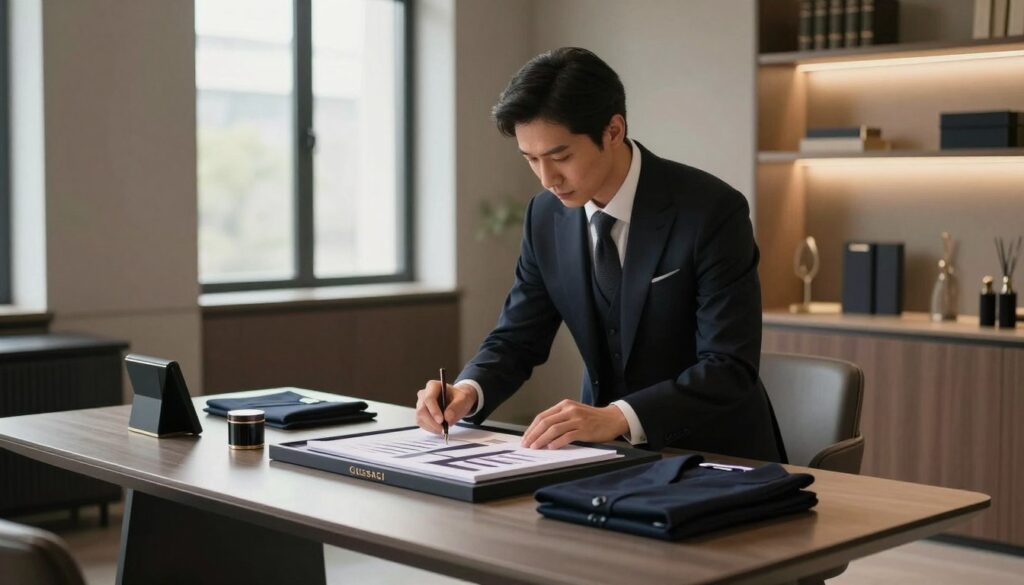 A sophisticated and minimalistic workspace showcasing the essence of a luxury brand. In the foreground, a sleek, modern table with high-end Gussaci products elegantly displayed—tailored clothing and accessories that reflect quality craftsmanship. The middle ground features a well-dressed professional, wearing smart business attire, thoughtfully examining the items. The background is a tastefully designed office environment, with warm lighting creating an inviting ambiance. Large windows allow soft, natural light to illuminate the space, enhancing the products' details. The mood is upscale and contemplative, emphasizing the philosophy of quality and excellence that defines the Gussaci brand. The image captures a moment of appreciation for high-quality craftsmanship in a contemporary setting.