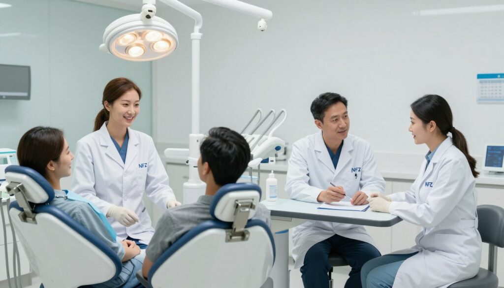 A split scene depicting a dental office setting, showcasing the contrast between private practice and public health service. In the foreground, on the left, a modern, well-equipped private dental clinic with a dentist in a white coat and scrubs, interacting with a satisfied patient in a comfortable chair. Bright, welcoming lighting creates a professional yet warm atmosphere. On the right, a more sterile, institutional setting representing the NFZ, with a dentist in a similar outfit, discussing treatment options with a patient at a basic examination table under fluorescent lights. The background includes subtle hints of dental equipment in both sections. The mood is informative and professional, highlighting the differences in work environments and patient interaction in both dental practices.